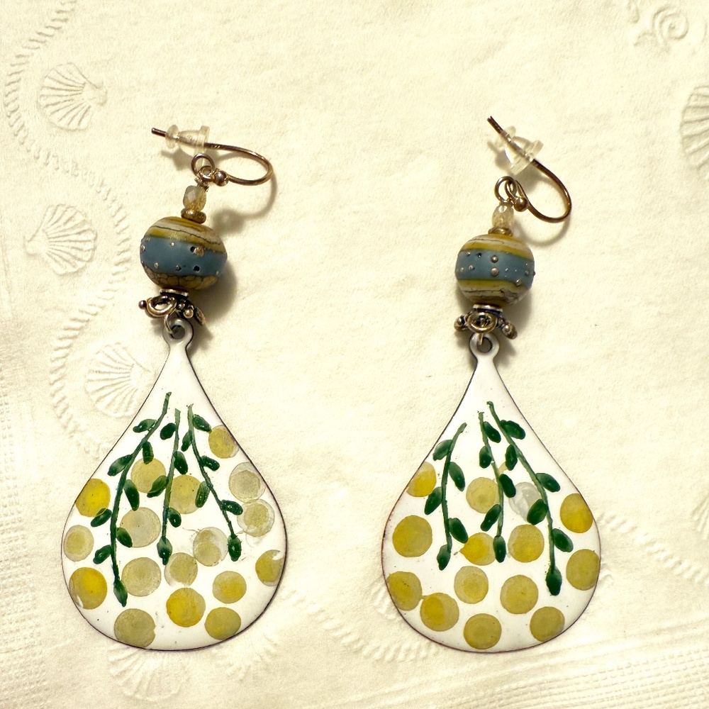 Earrings, Metal, Enamel Paint White & Greens